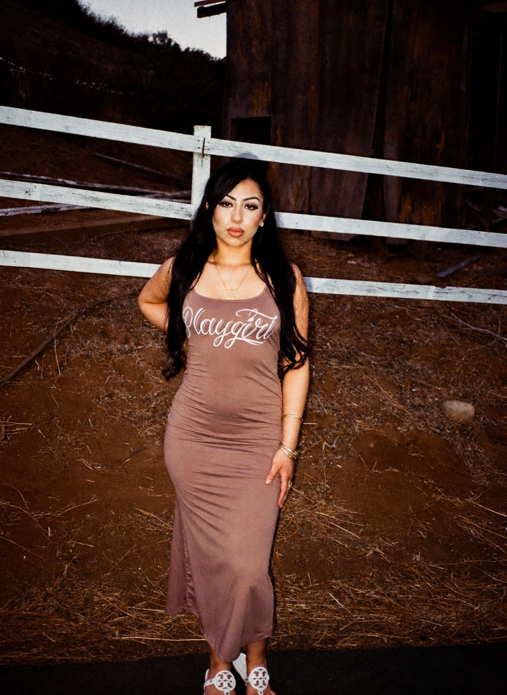 Limited Edition 'PLAYGIRL' Script Pen & Ink Halter Tie Long Slip Dress (Mocha Brown)