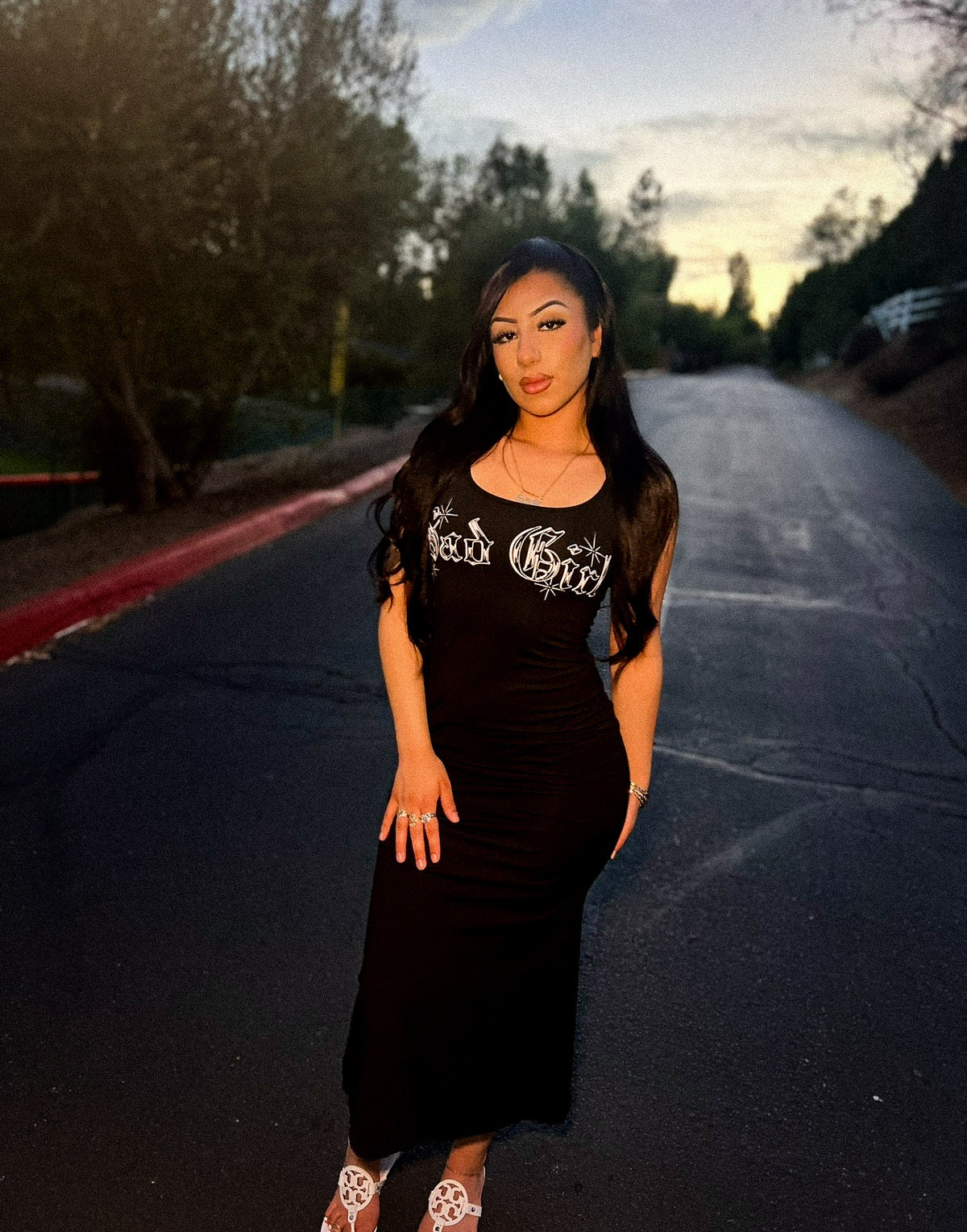 Limited Edition 'SAD GIRL' Pen & Ink Halter Tie Long Slip Dress (BLACK)