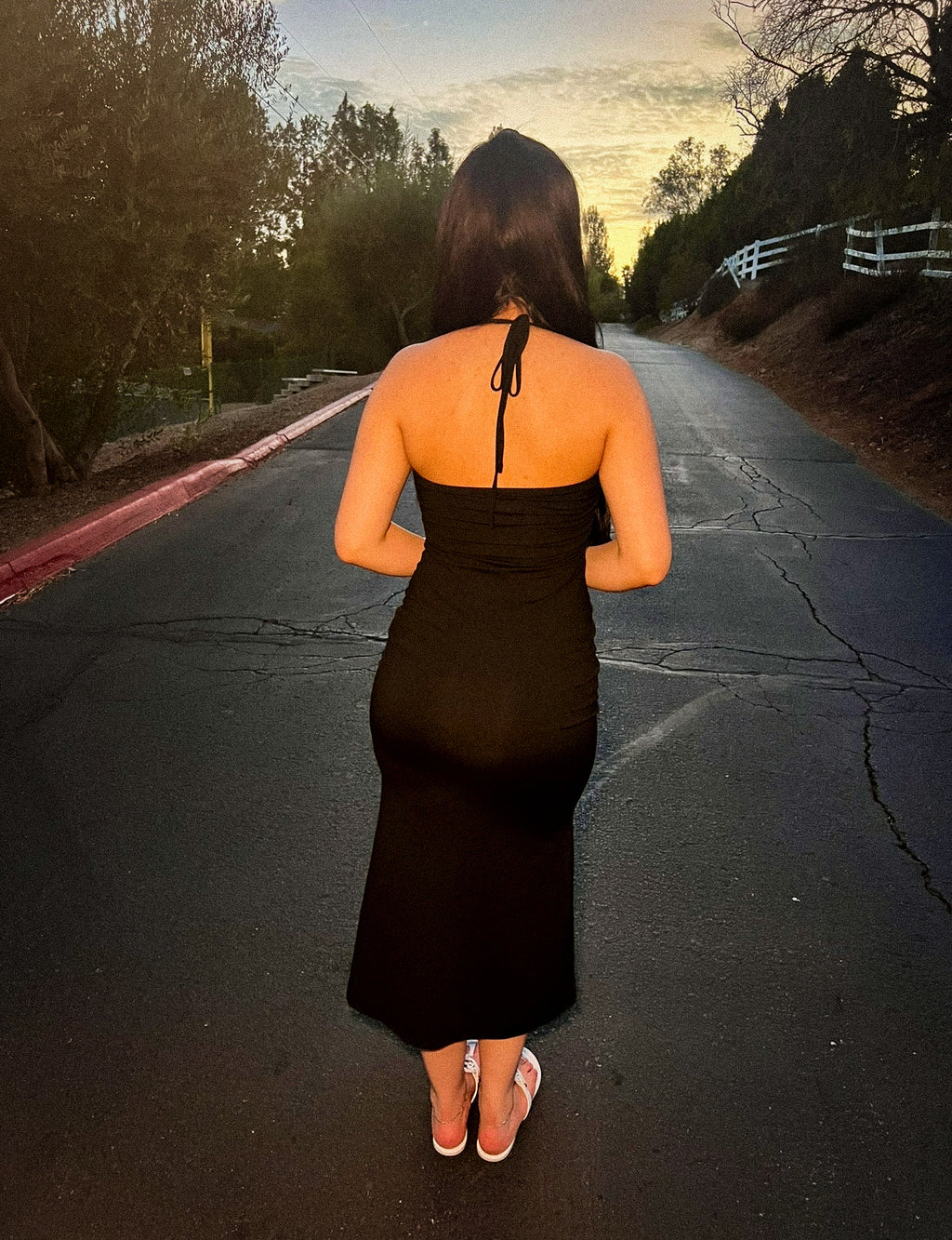 Limited Edition 'SAD GIRL' Pen & Ink Halter Tie Long Slip Dress (BLACK)