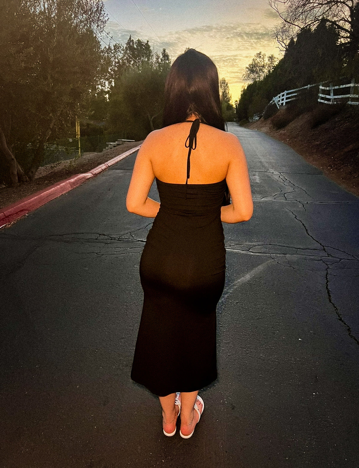 Limited Edition 'SAD GIRL' Pen & Ink Halter Tie Long Slip Dress (BLACK)
