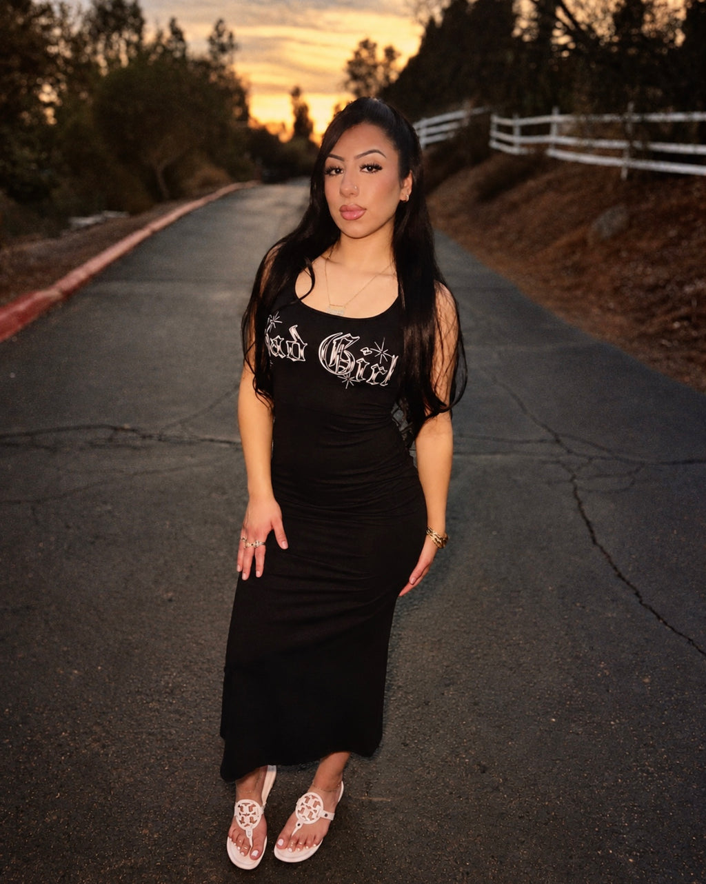 Limited Edition 'SAD GIRL' Pen & Ink Halter Tie Long Slip Dress (BLACK)
