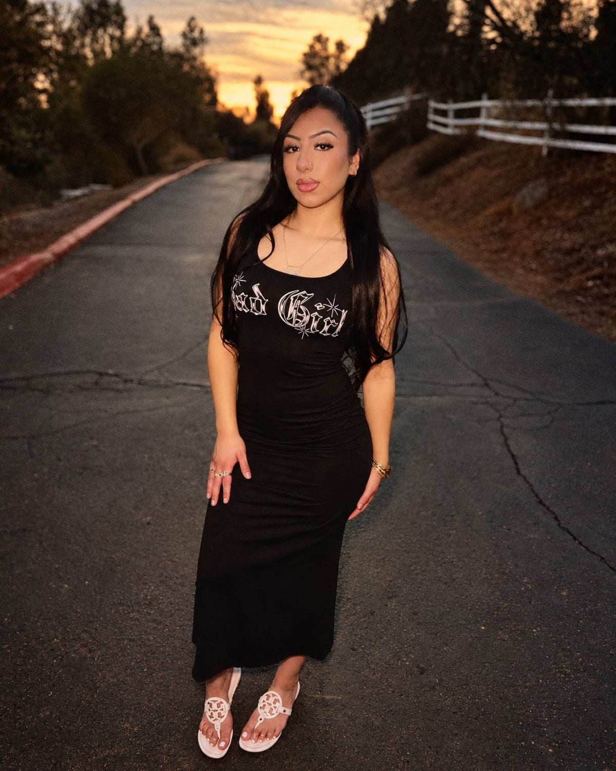 Limited Edition 'SAD GIRL' Pen & Ink Halter Tie Long Slip Dress (BLACK)