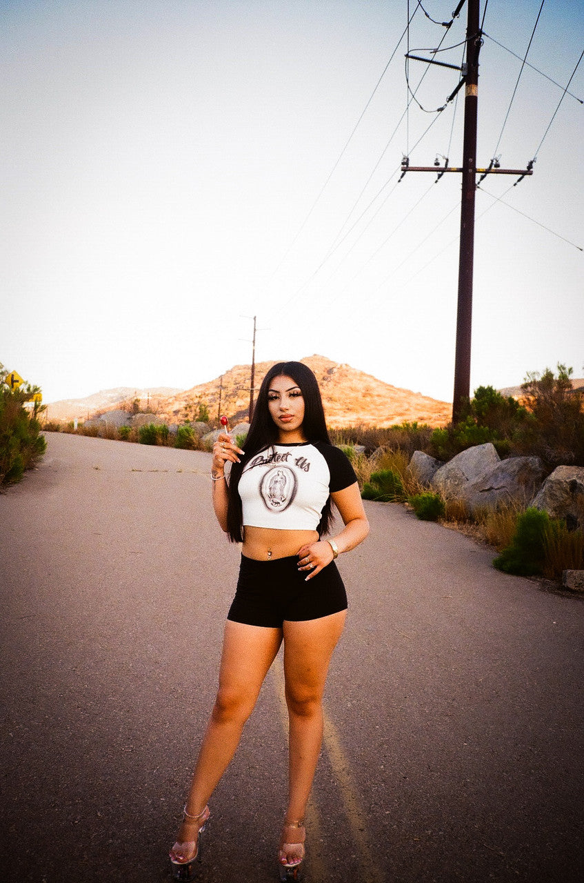 Limited Edition 'PROTECT US' Airbrush Cropped Baseball Tee (Black/White)