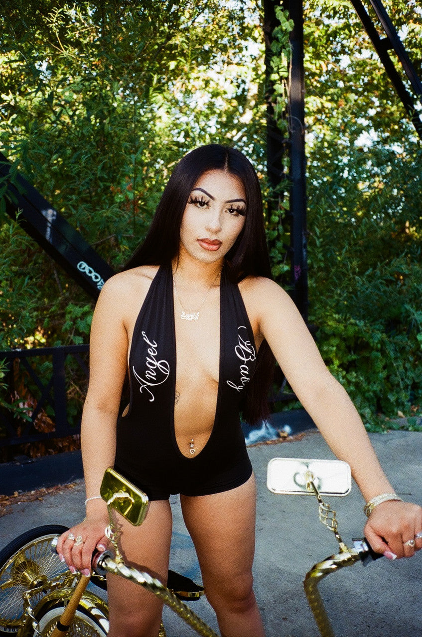 LIMITED EDITION 'ANGEL BABY' SCRIPT DEEP PLUNGE ONE PIECE HALTER ROMPER (Black)