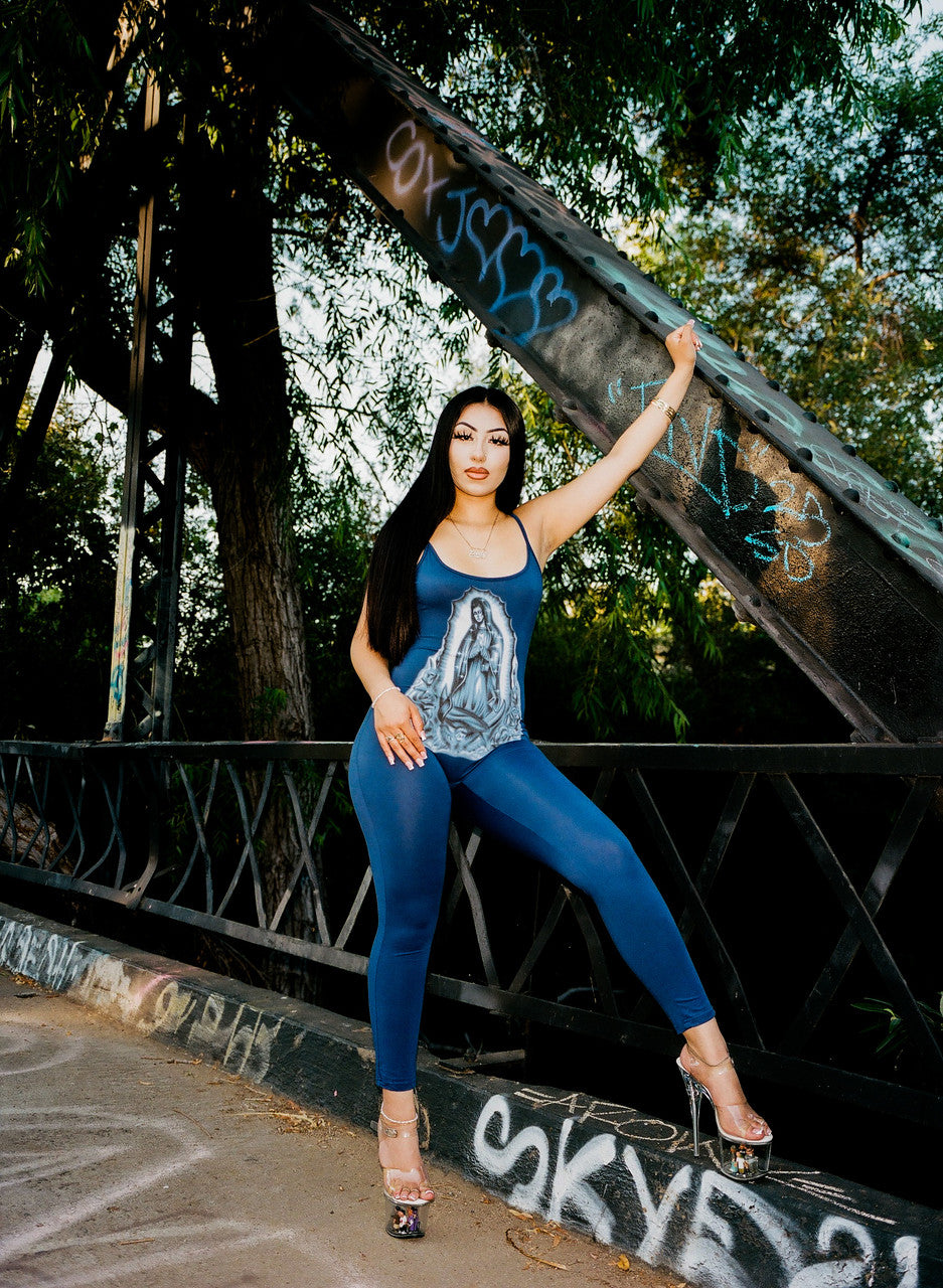 LIMITED EDITION 'OUR LADY' AIRBRUSHED TANK TOP ONE PIECE JUMPSUIT FULL LENGTH (BLUE/NAVY)