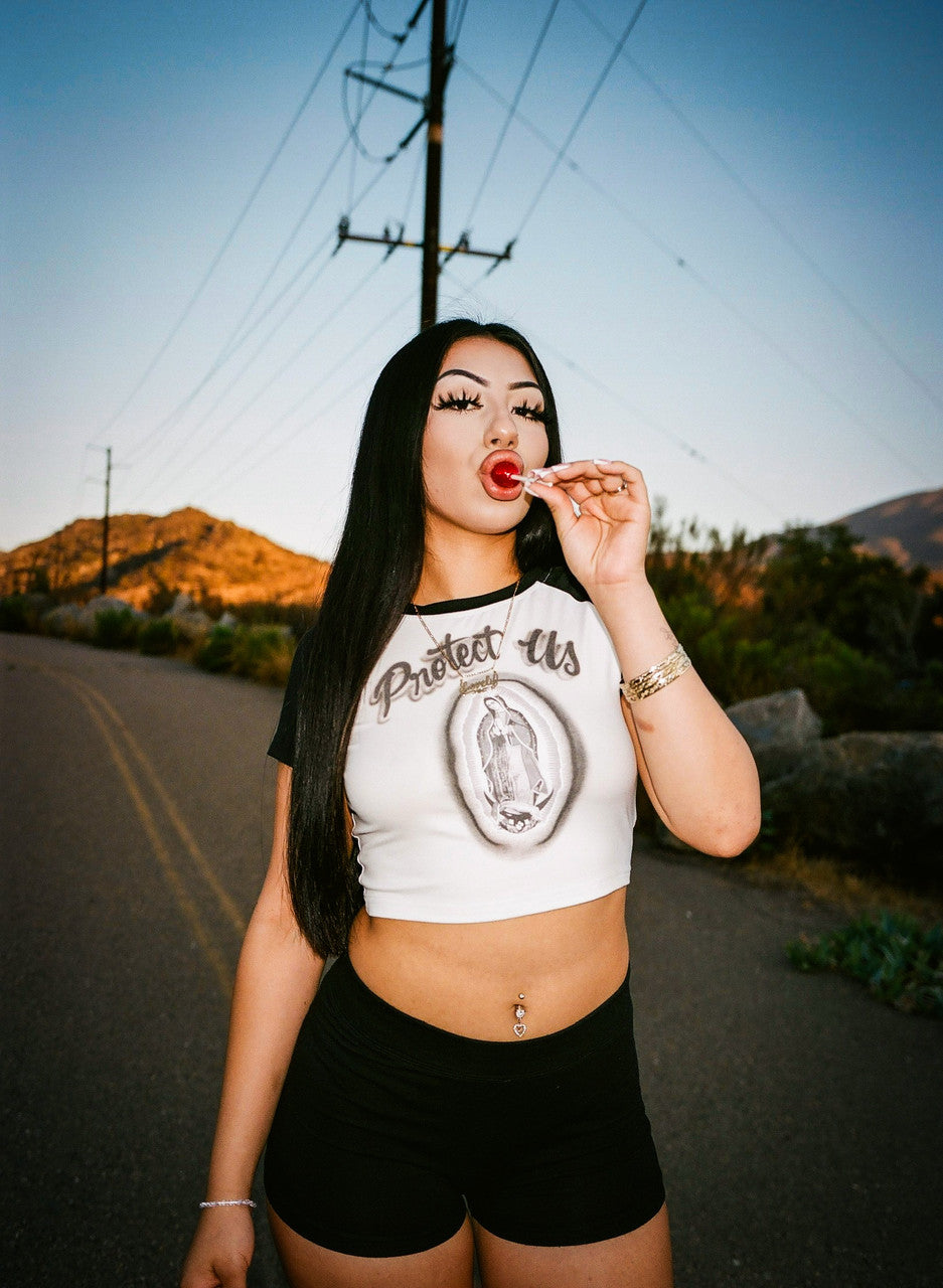 Limited Edition 'PROTECT US' Airbrush Cropped Baseball Tee (Black/White)