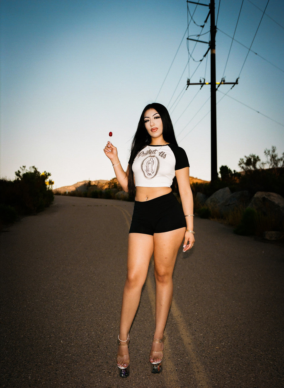 Limited Edition 'PROTECT US' Airbrush Cropped Baseball Tee (Black/White)