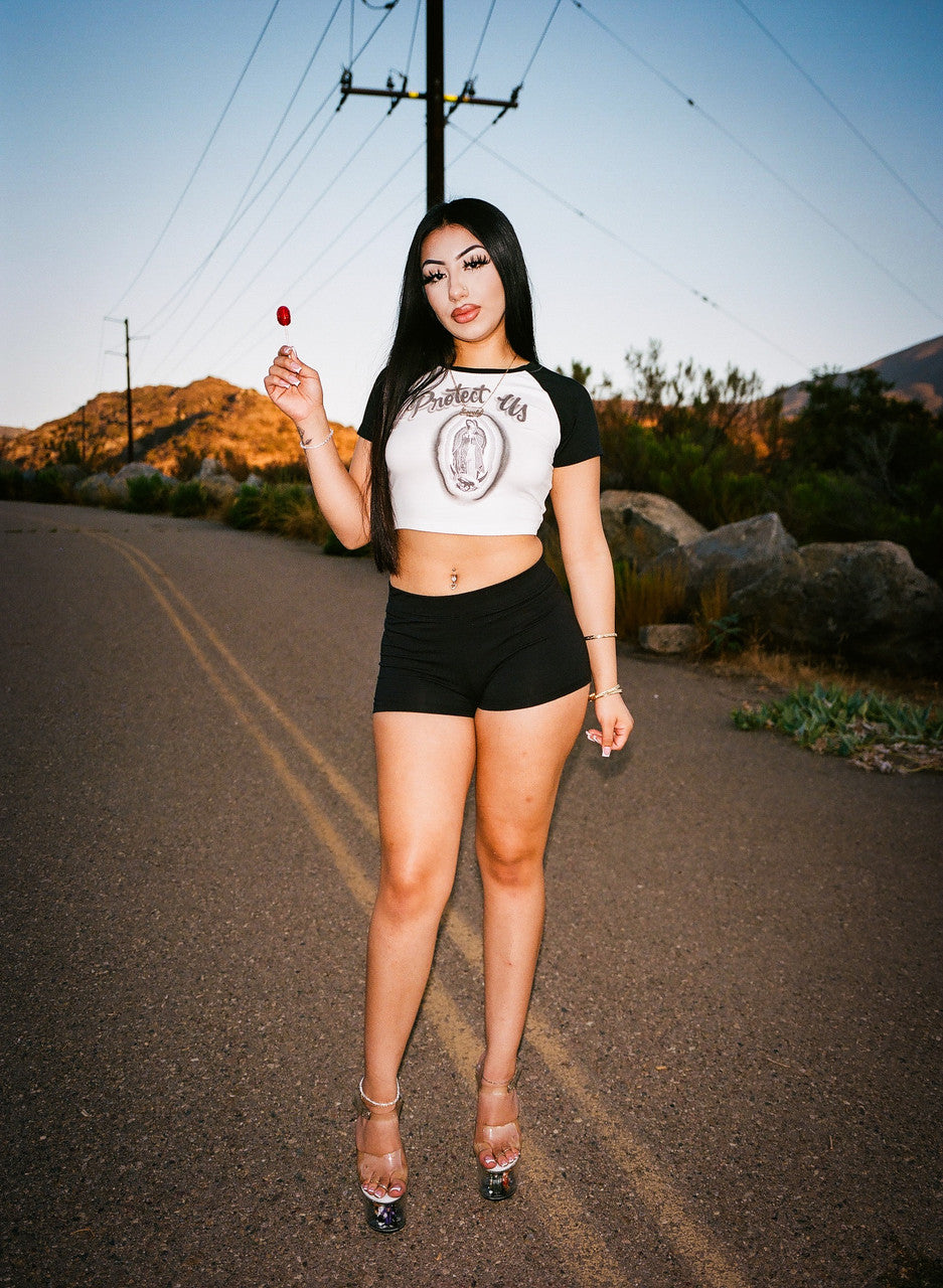 Limited Edition 'PROTECT US' Airbrush Cropped Baseball Tee (Black/White)