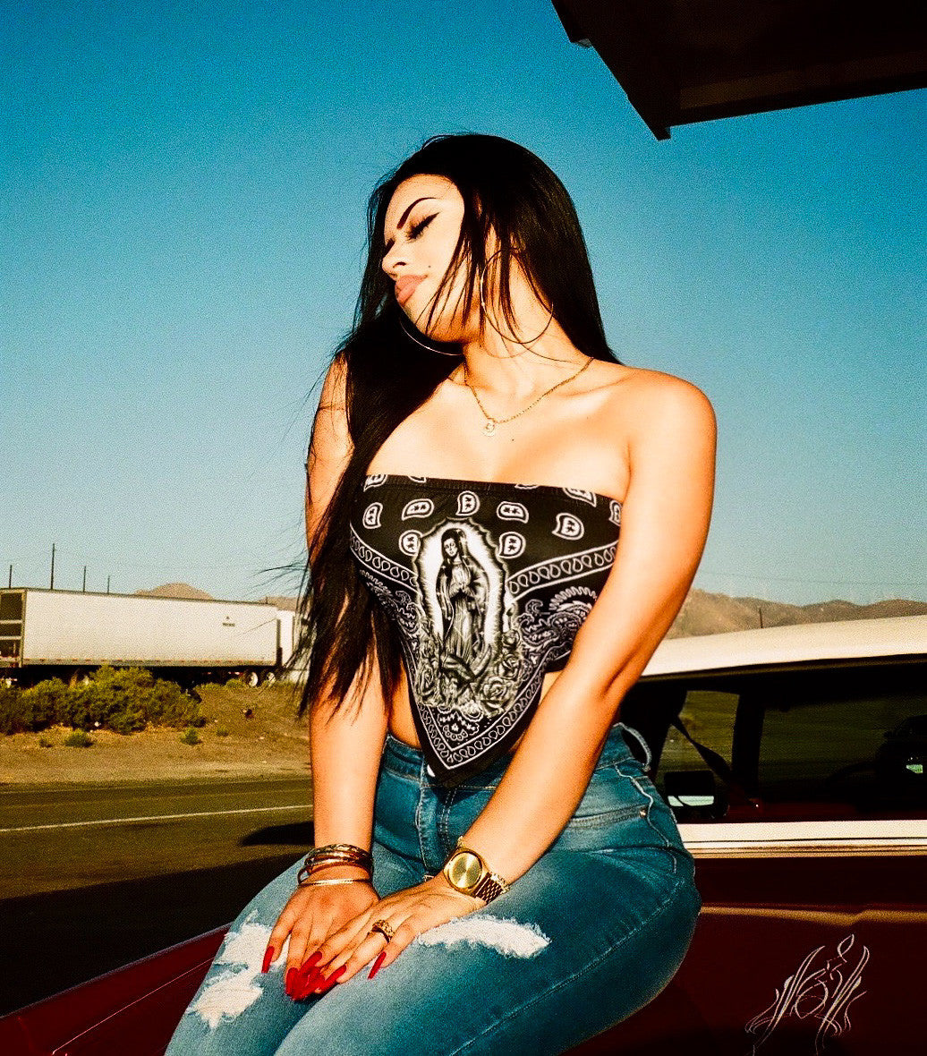Limited Edition 'OUR LADY' Airbrushed Bandana Tube Top (Black/White)