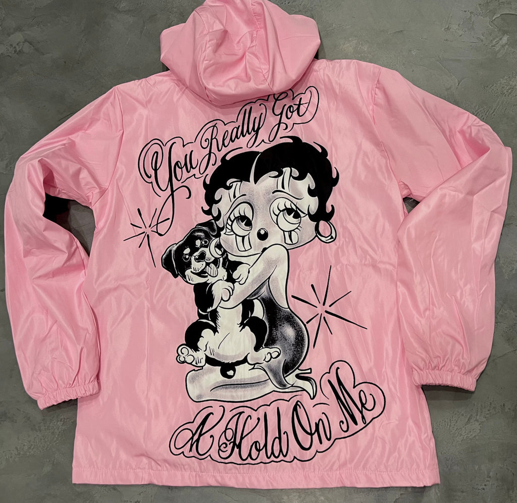 Limited Edition 'You Really Got A Hold On Me' Pen & Ink Cut & Sew Hooded Mesh Lined Windbreaker (Baby Pink)