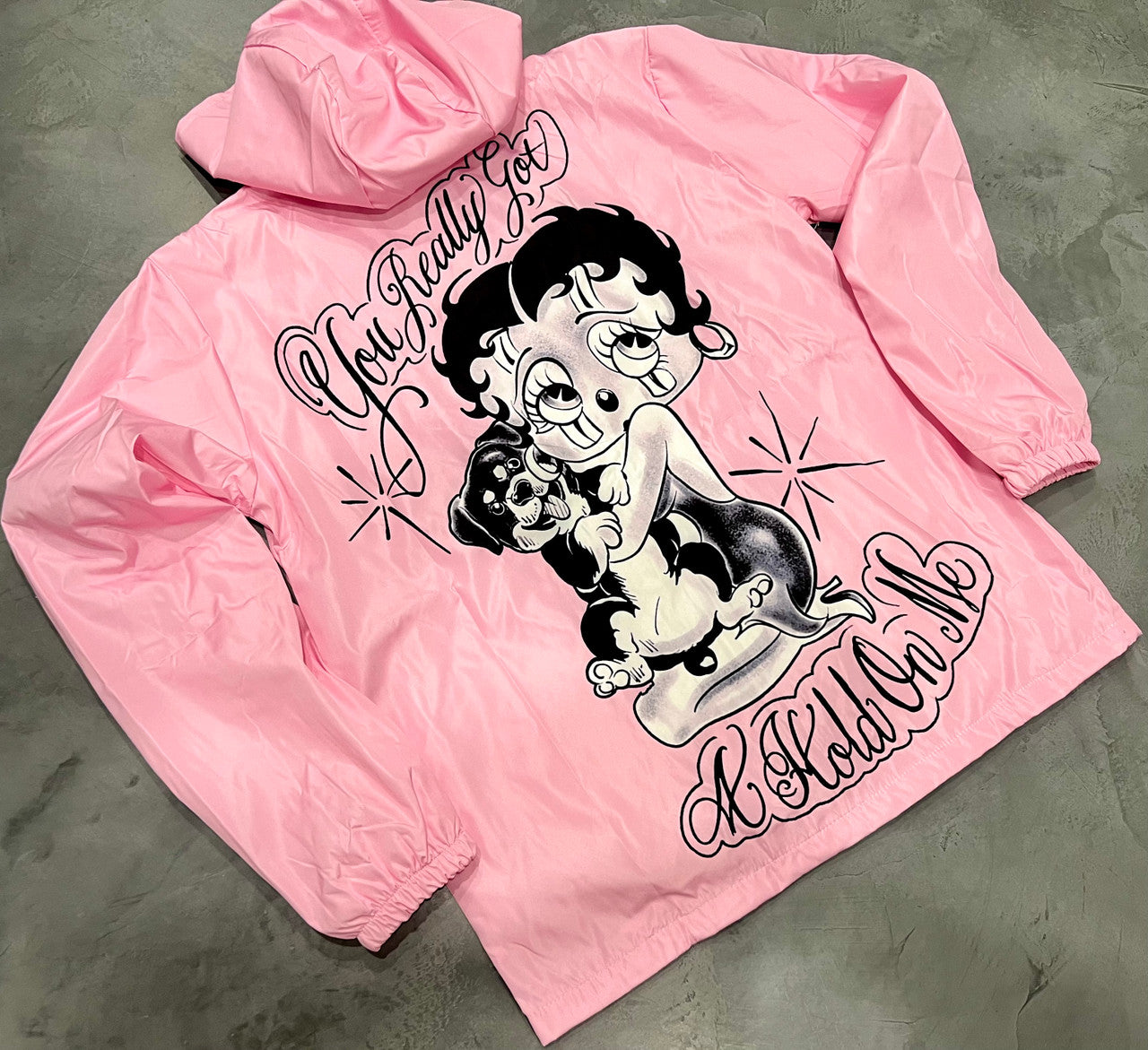 Limited Edition 'You Really Got A Hold On Me' Pen & Ink Cut & Sew Hooded Mesh Lined Windbreaker (Baby Pink)