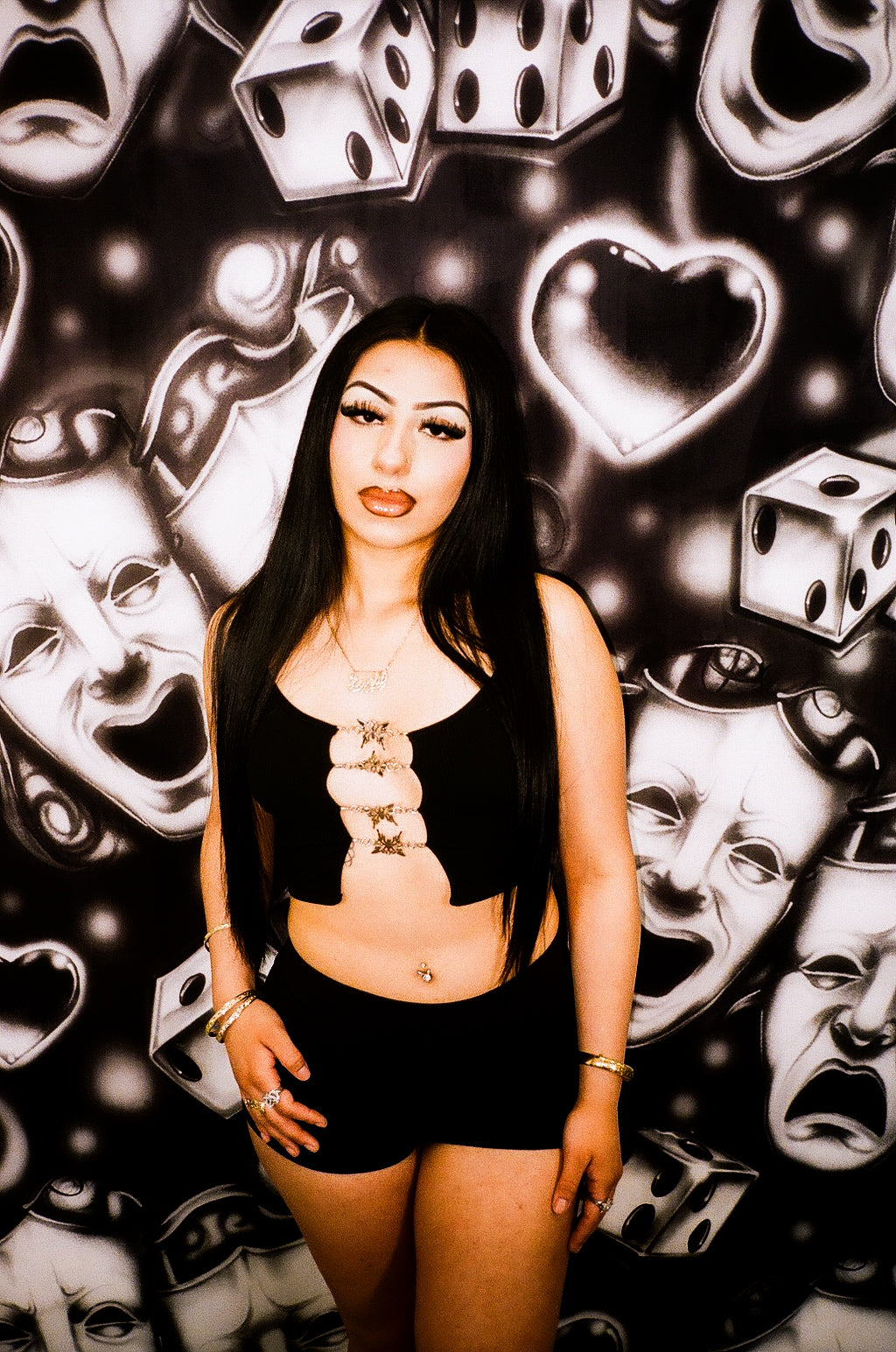 Early 2000s Y2K 'Smile Now Cry Later Chrome Dice & Hearts' Airbrush 90s Glamour Shots Backdrop (BLACK) (Extra Large)