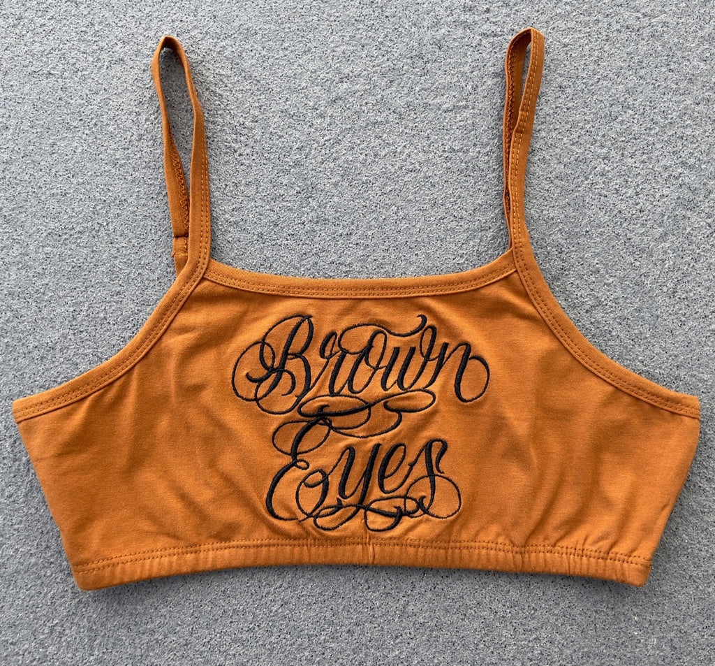 Limited Edition'BROWN EYES' Embroidered Cut & Sew Crop Top (Brown)