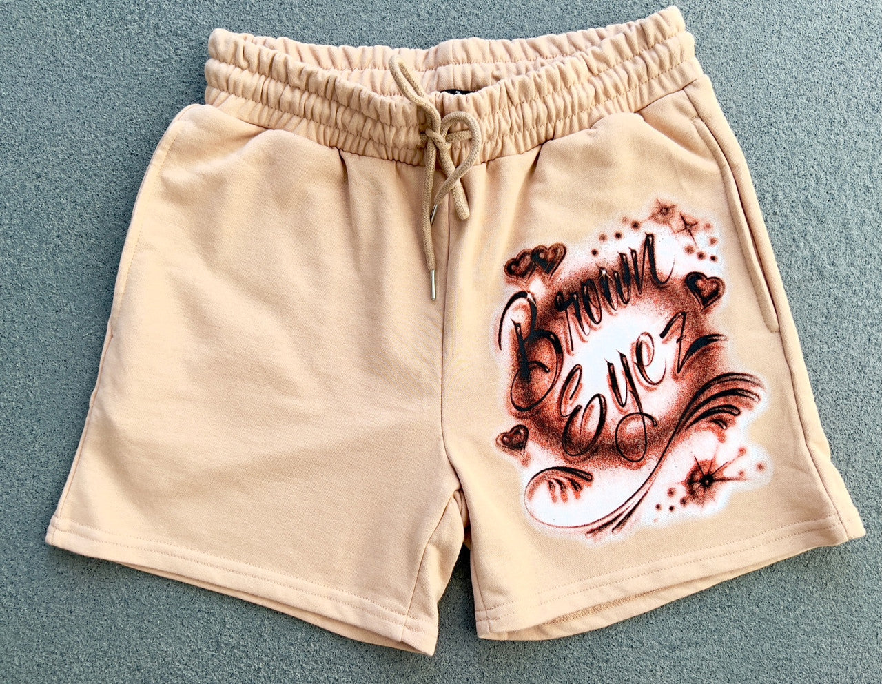Pretty Brown Eyes That Tell No Lies' Custom Airbrushed Cut & Sew French Terry Sweatshorts (Drawstring w/ pockets) TAN