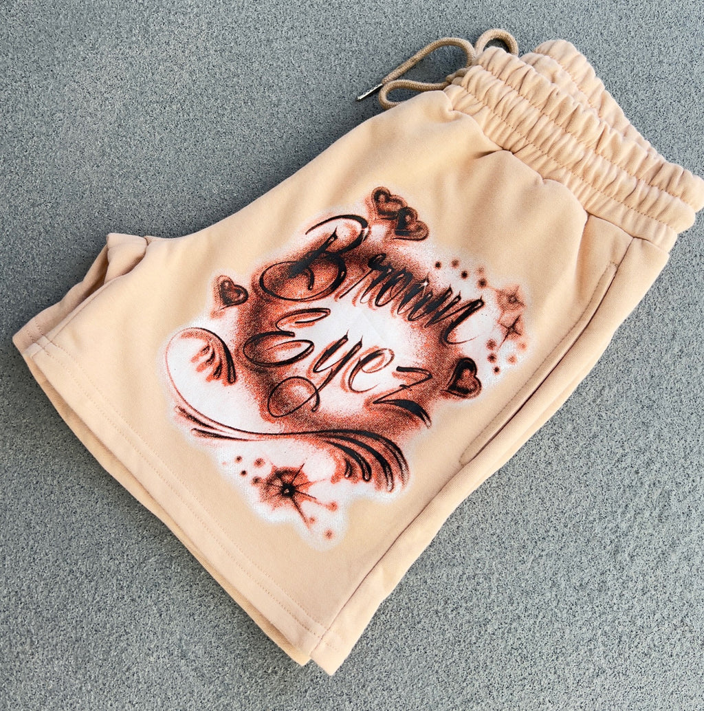 Pretty Brown Eyes That Tell No Lies' Custom Airbrushed Cut & Sew French Terry Sweatshorts (Drawstring w/ pockets) TAN