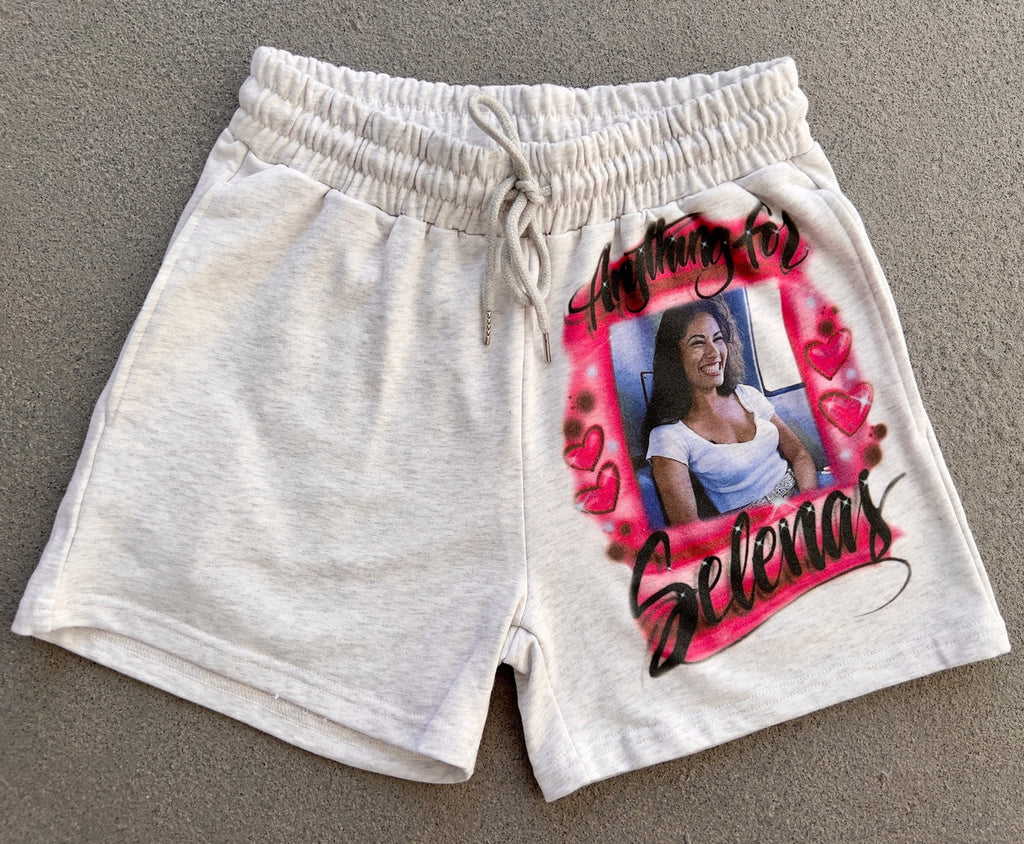 Anything For Selenas' Custom Airbrushed Cut & Sew French Terry Sweatshorts (Drawstring w/ pockets) GREY