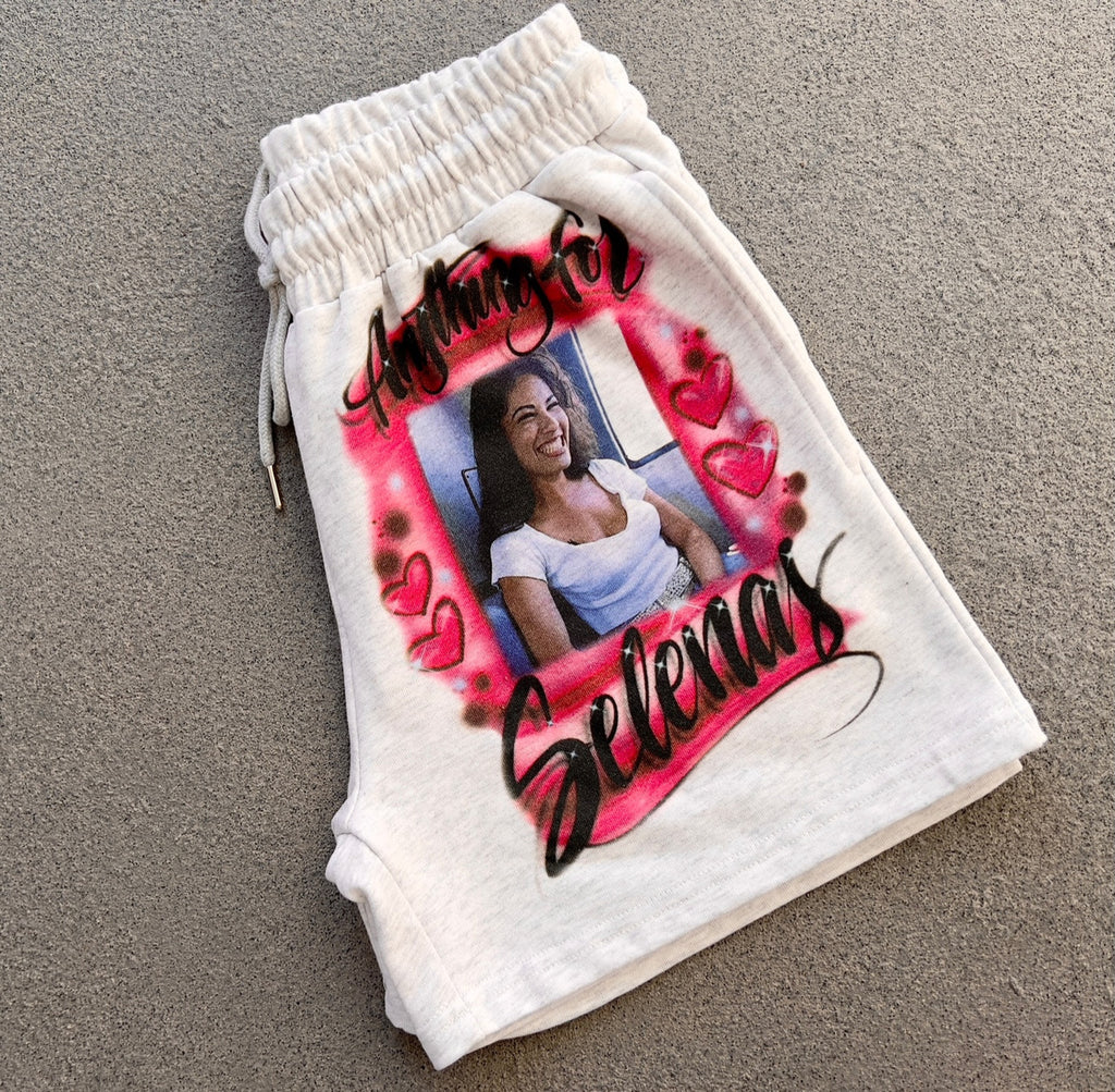 Anything For Selenas' Custom Airbrushed Cut & Sew French Terry Sweatshorts (Drawstring w/ pockets) GREY