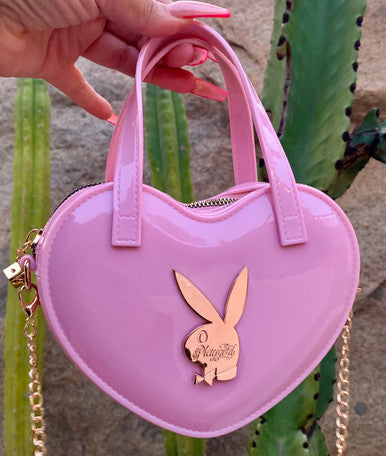 LIMITED EDITION Playgirl Glossy Cross Body Chain Link Heart Handbag W/ 24K Solid Gold Dice Zipper Pull BUBBLEGUM PINK ((Limited Edition))