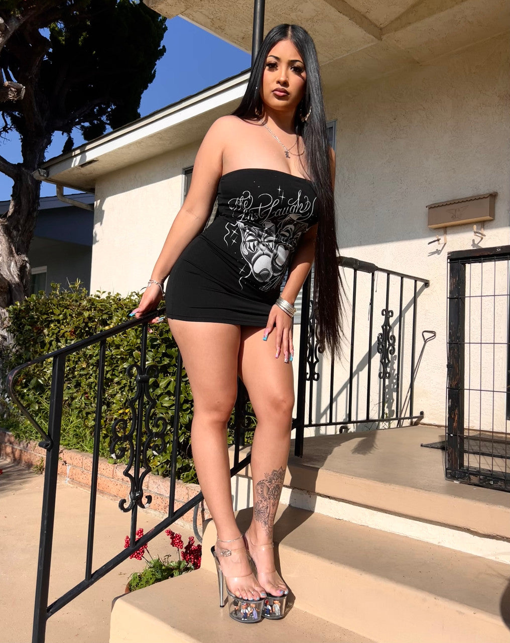 LIMITED EDITION 'LAST LAUGH IS MINE' PEN & INK STRAPLESS MINI DRESS (Black/White)