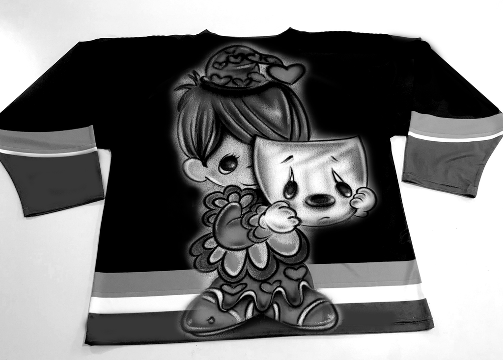 LAUGH NOW, CRY LATER' Airbrushed Cut & Sew Long Sleeve Hockey Jersey (Black)
