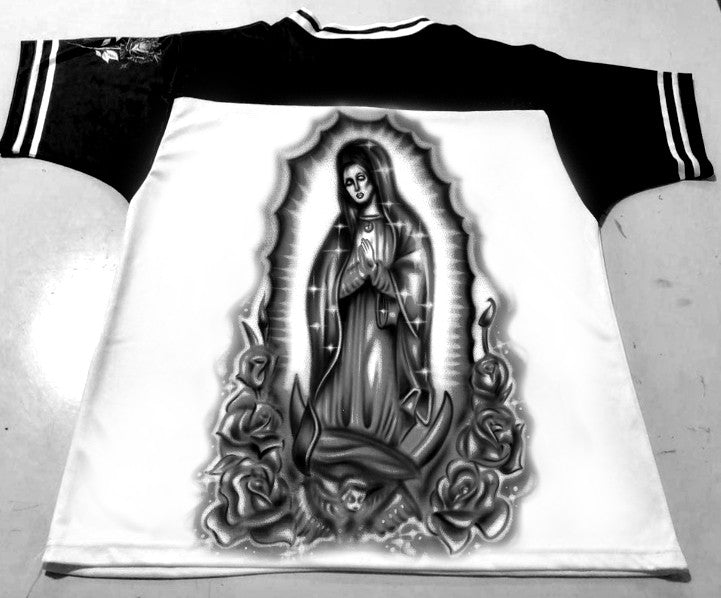 LIMITED EDITION 'OUR LADY' Airbrushed Cut & Sew Football Jersey (BLACK/WHITE)