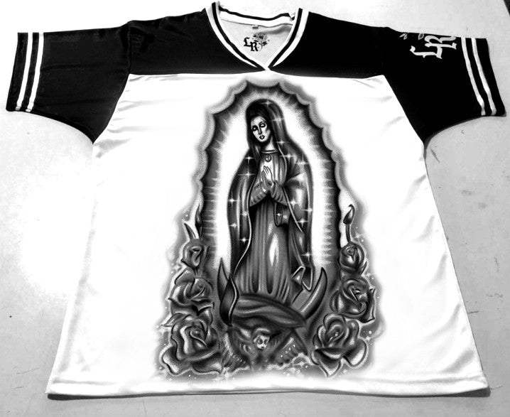 LIMITED EDITION 'OUR LADY' Airbrushed Cut & Sew Football Jersey (BLACK/WHITE)