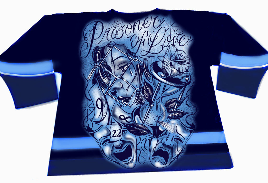 PRISONER OF LOVE' Pen & Ink Cut & Sew Long Sleeve Hockey Jersey (Blue)