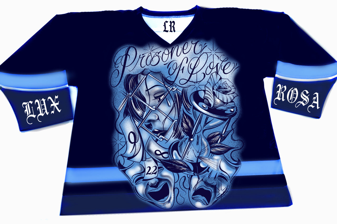 PRISONER OF LOVE' Pen & Ink Cut & Sew Long Sleeve Hockey Jersey (Blue)