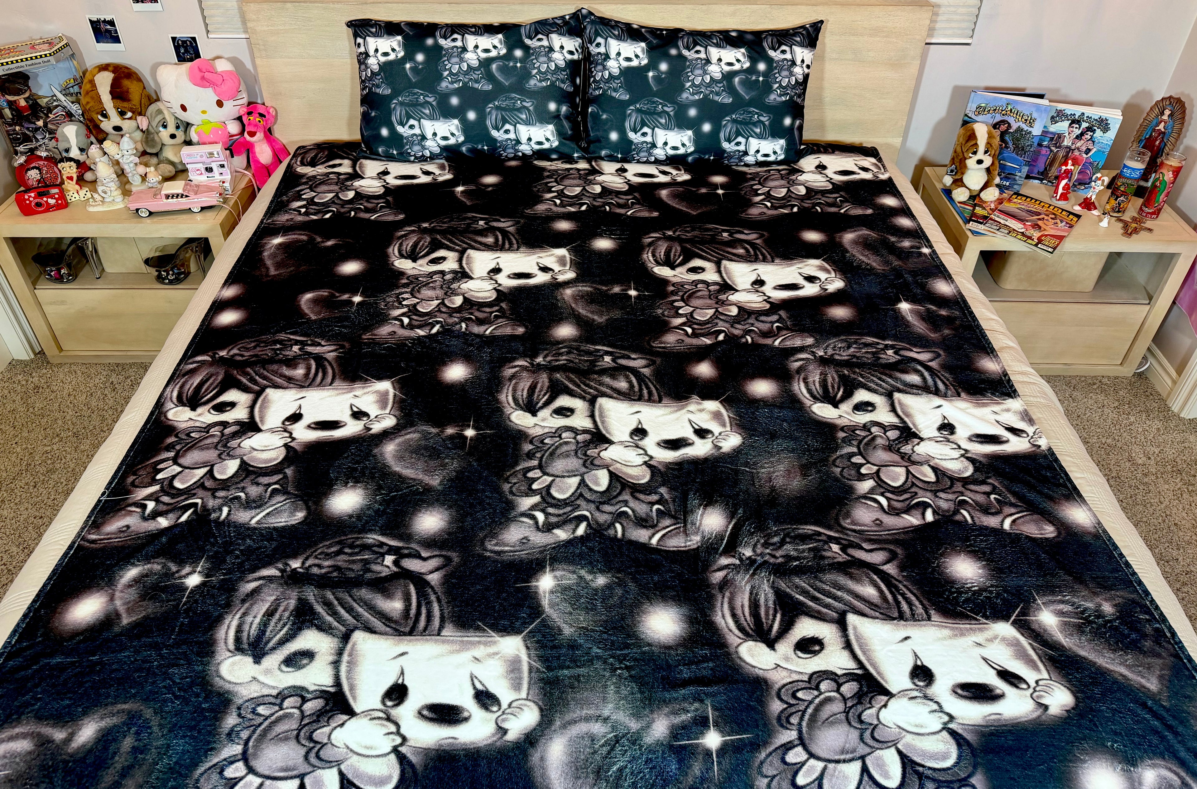 LIMITED EDITION EXTRA LARGE 'LAUGH NOW CRY LATER' PRECIOUS ANGEL Airbrush Y2K Fleece Blanket (BLACK) *Limited Edition