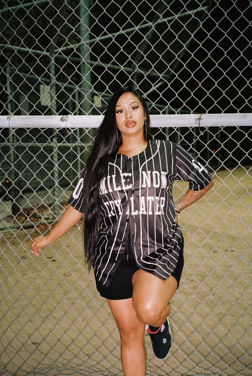 LR 'Smile Now, Cry Later' Cut & Sew Baseball Jersey (Black/White Stripe)