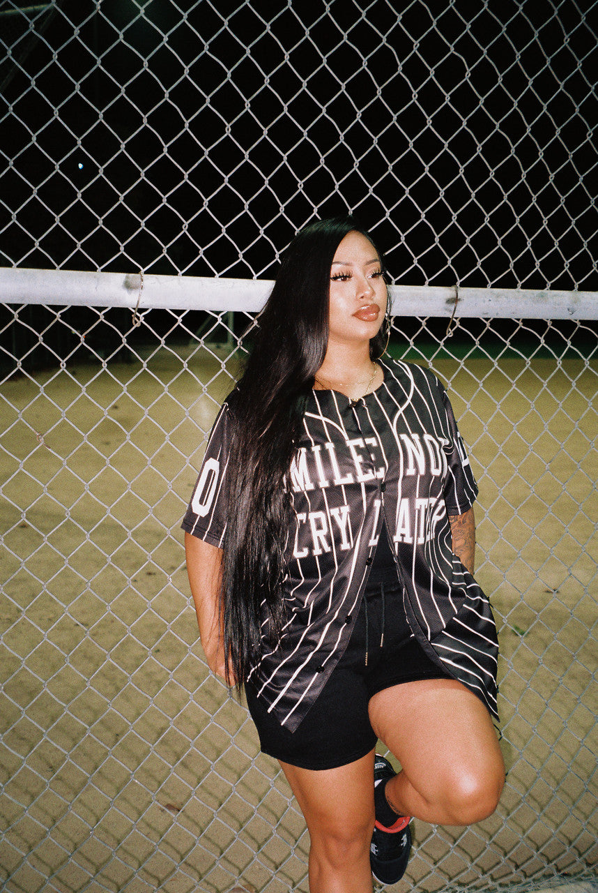 LR 'Smile Now, Cry Later' Cut & Sew Baseball Jersey (Black/White Stripe)