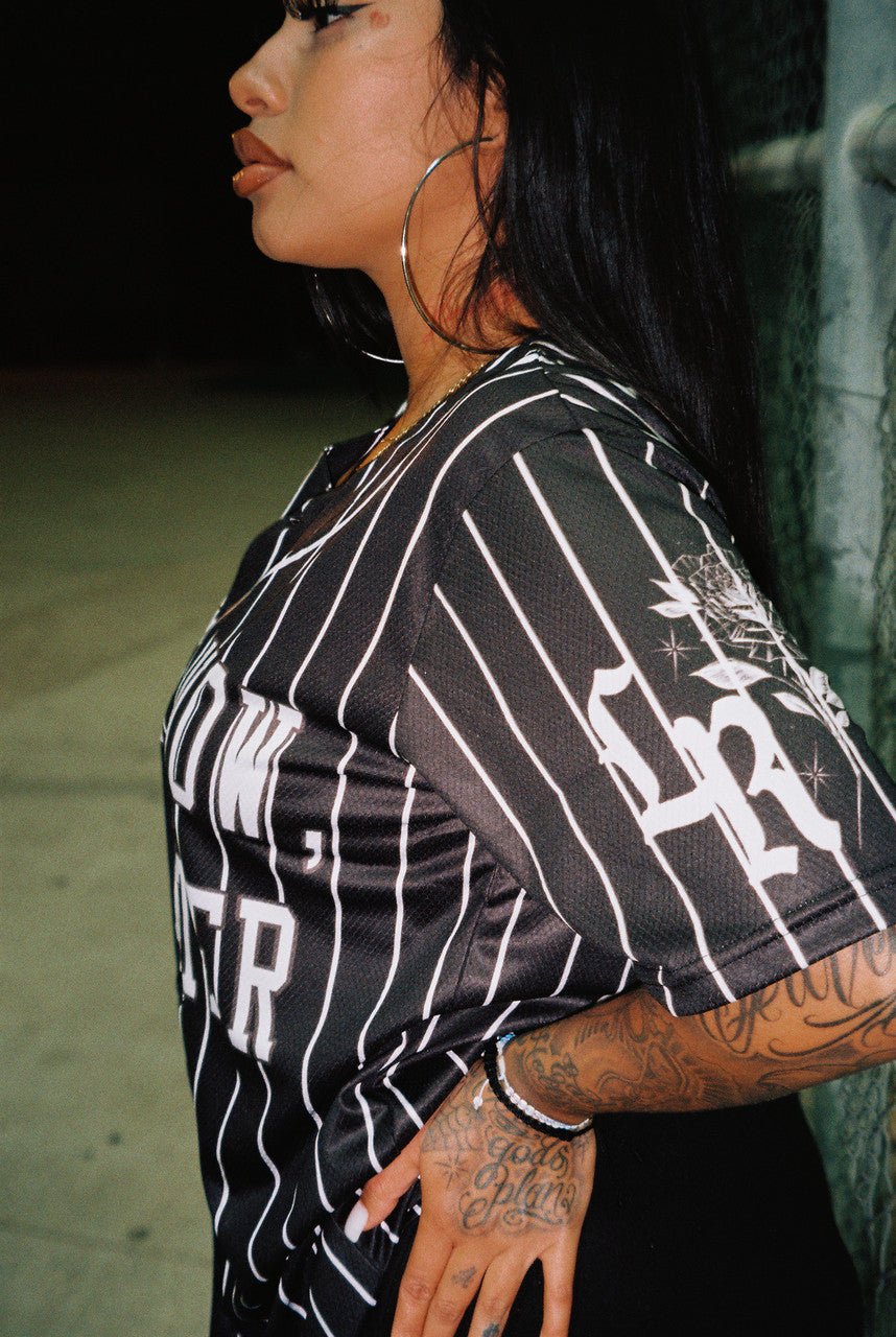 LR 'Smile Now, Cry Later' Cut & Sew Baseball Jersey (Black/White Stripe)