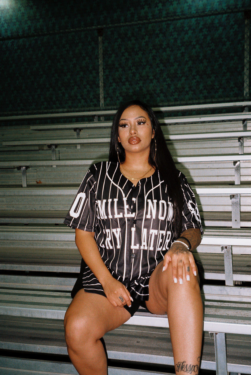 LR 'Smile Now, Cry Later' Cut & Sew Baseball Jersey (Black/White Stripe)