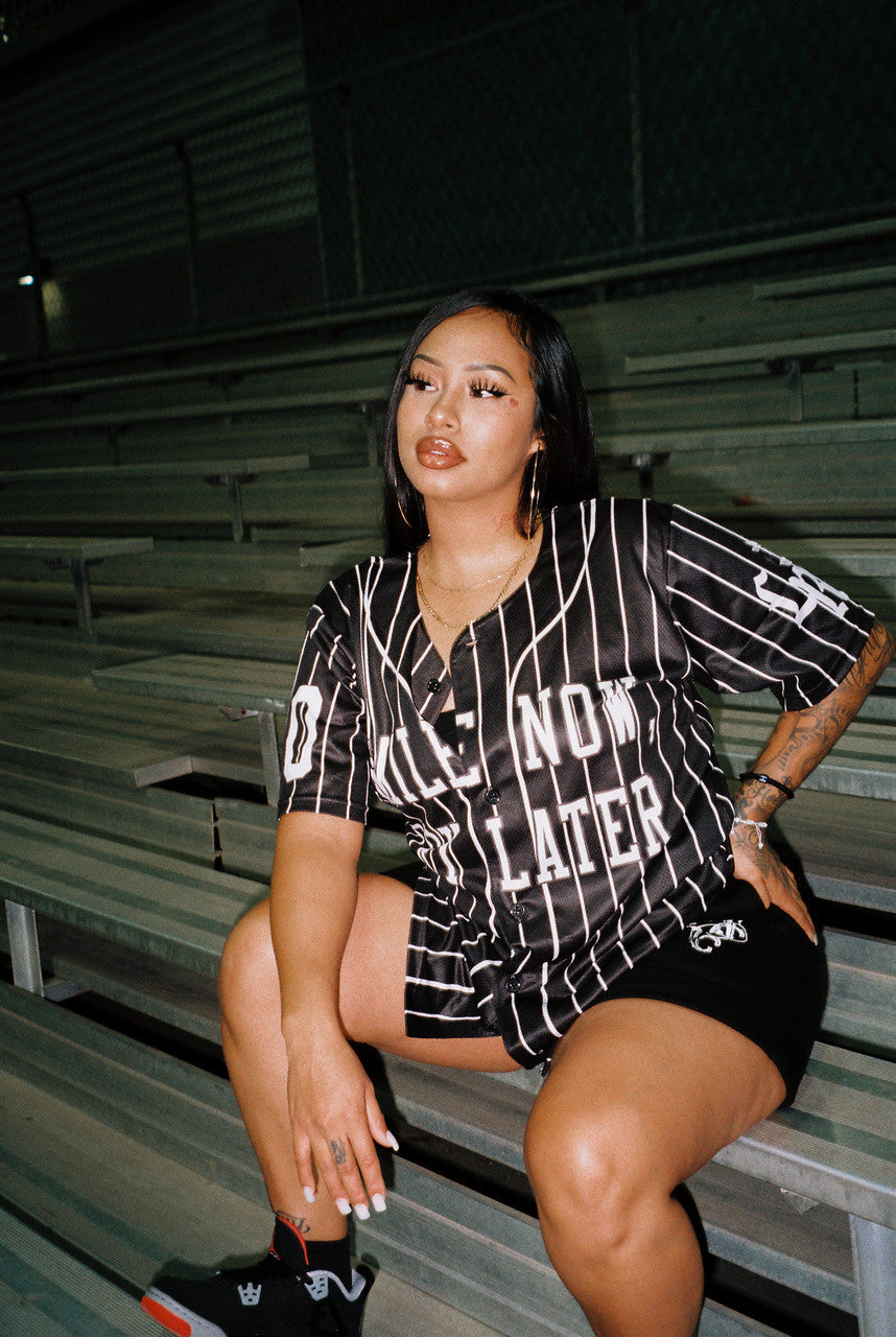 LR 'Smile Now, Cry Later' Cut & Sew Baseball Jersey (Black/White Stripe)