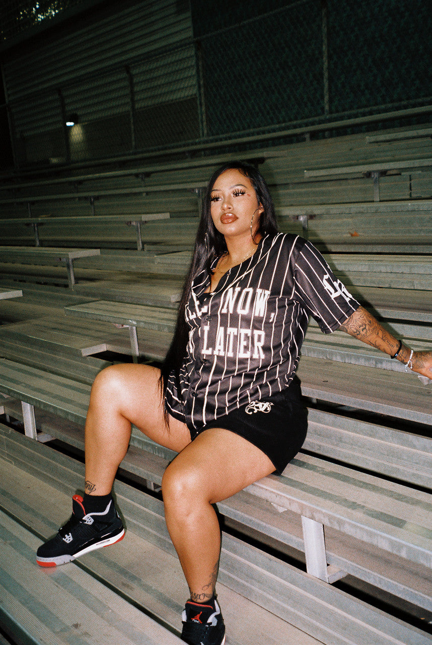 LR 'Smile Now, Cry Later' Cut & Sew Baseball Jersey (Black/White Stripe)