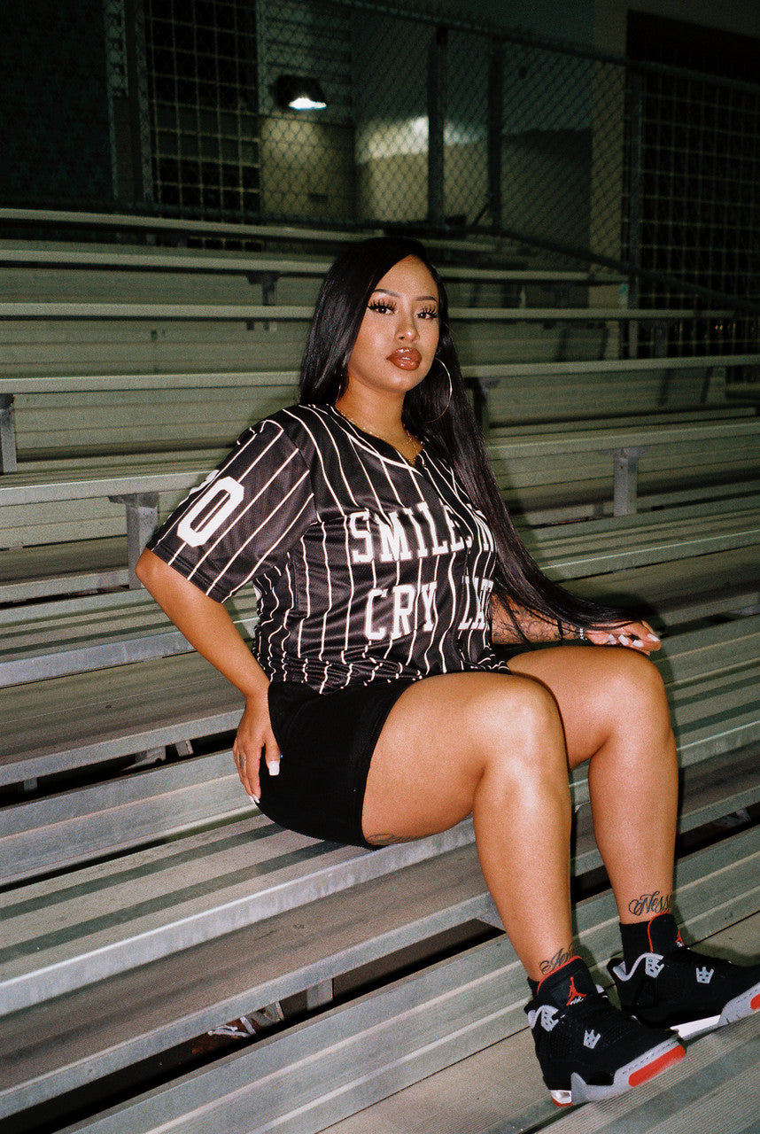 LR 'Smile Now, Cry Later' Cut & Sew Baseball Jersey (Black/White Stripe)