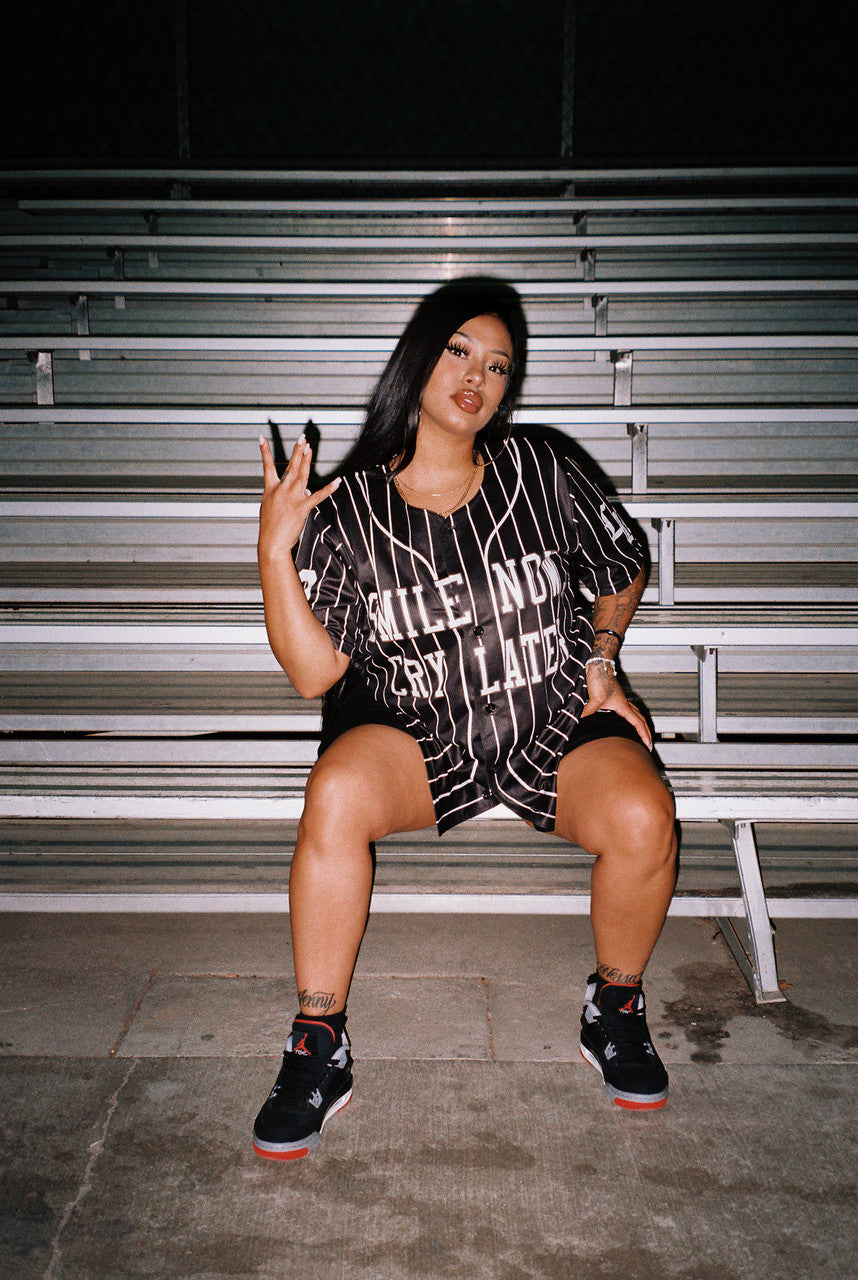 LR 'Smile Now, Cry Later' Cut & Sew Baseball Jersey (Black/White Stripe)