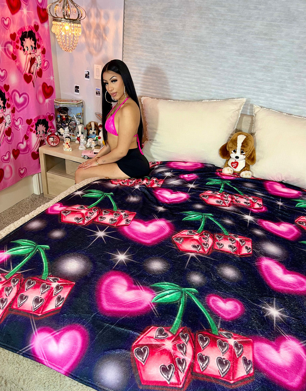 EXTRA LARGE 'WILD CHERRY' Glamour Shotz Airbrushed Fleece Blanket (BLACK) *Limited Edition