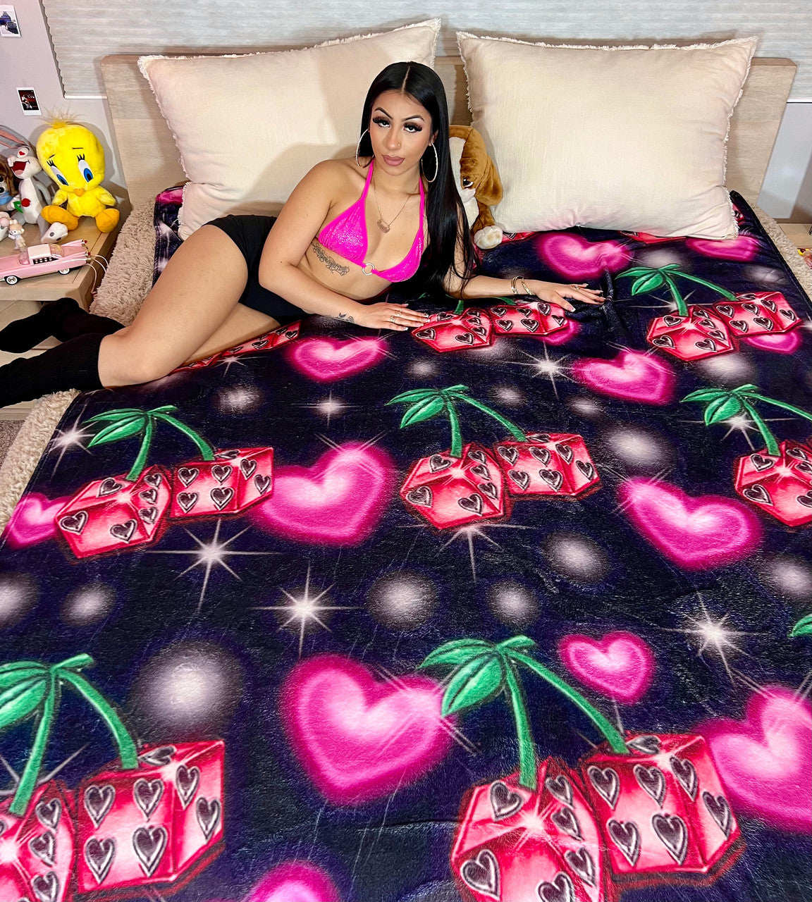 EXTRA LARGE 'WILD CHERRY' Glamour Shotz Airbrushed Fleece Blanket (BLACK) *Limited Edition