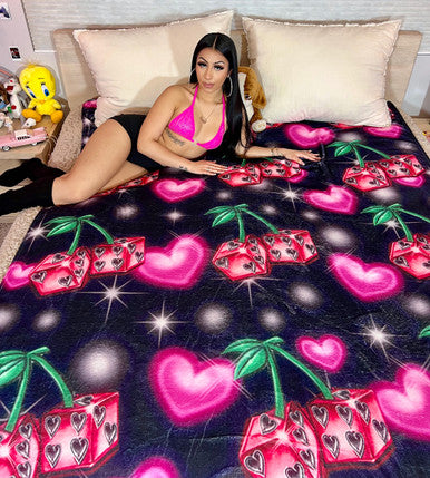 EXTRA LARGE 'WILD CHERRY' Glamour Shotz Airbrushed Fleece Blanket (BLACK) *Limited Edition