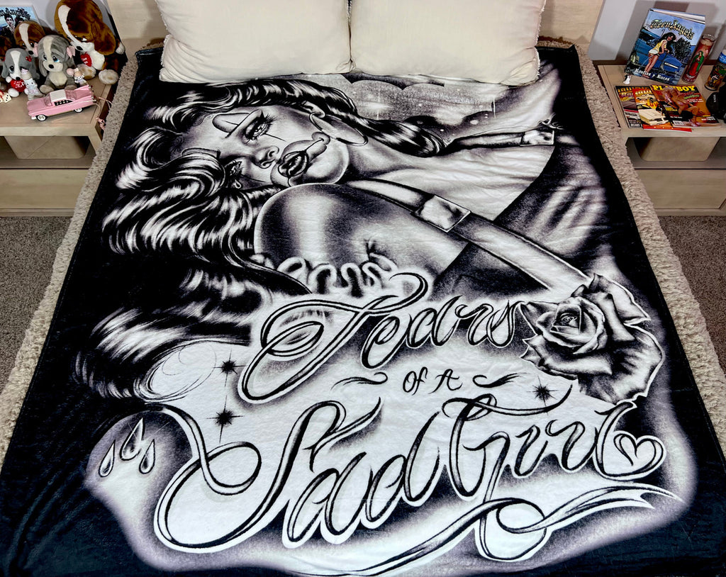 EXTRA LARGE 'TEARS OF A SAD GIRL' Pen & Ink Fleece Blanket (BLACK/WHITE) *Limited Edition