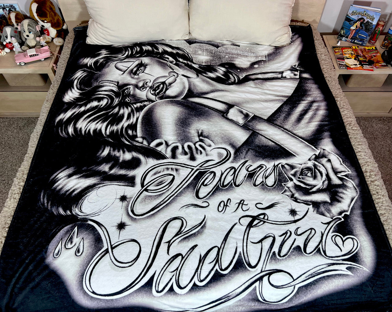 EXTRA LARGE 'TEARS OF A SAD GIRL' Pen & Ink Fleece Blanket (BLACK/WHITE) *Limited Edition