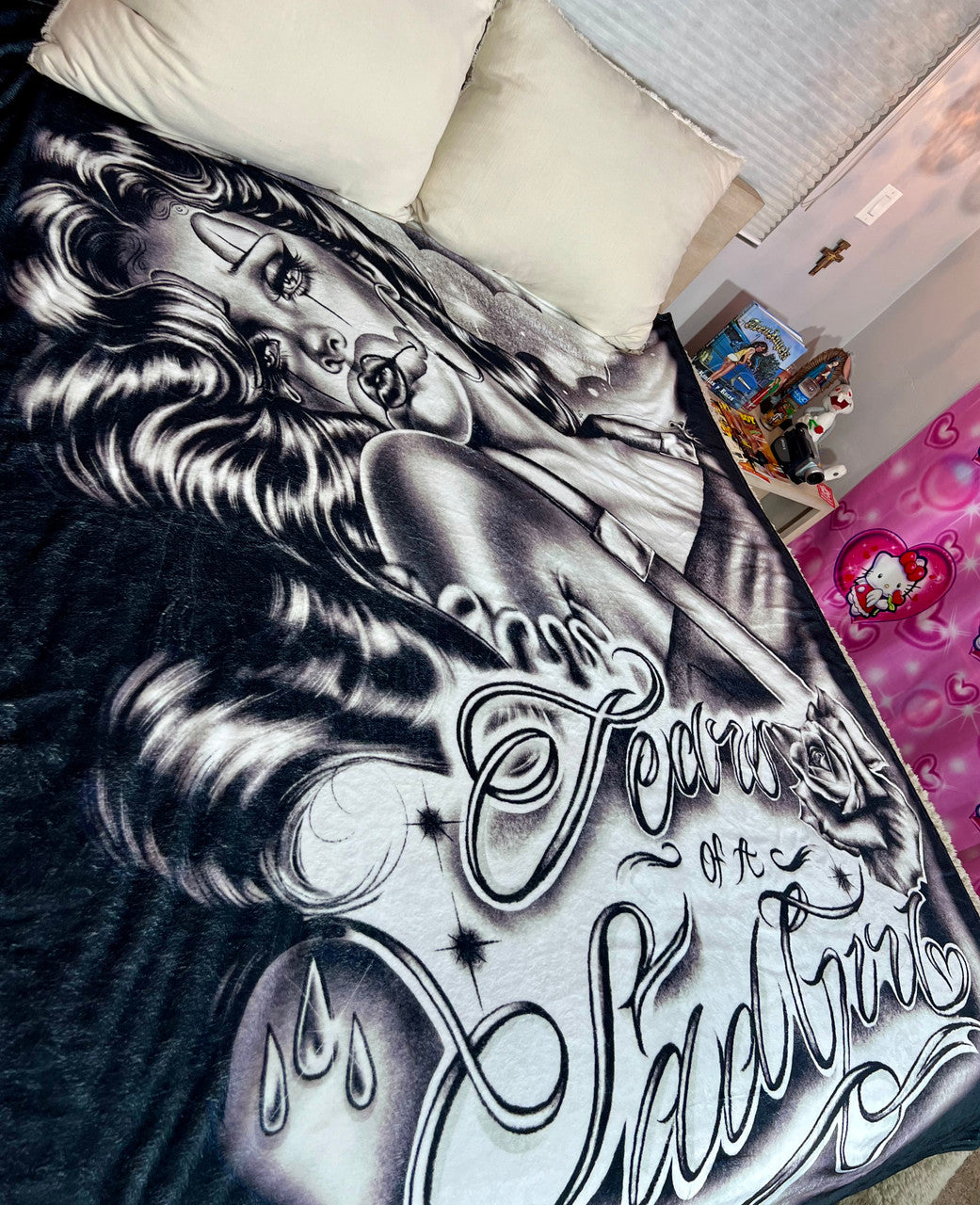 EXTRA LARGE 'TEARS OF A SAD GIRL' Pen & Ink Fleece Blanket (BLACK/WHITE) *Limited Edition