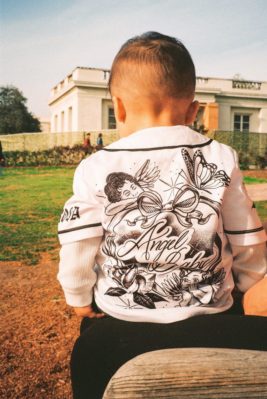 KIDS 'Angel Baby' Cherub Pen and Ink Cut & Sew Baseball KIDS Jersey (White/Black)