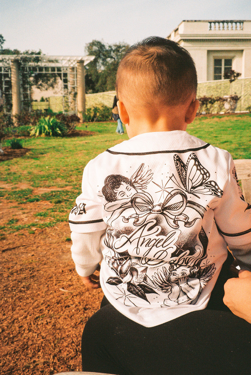 KIDS 'Angel Baby' Cherub Pen and Ink Cut & Sew Baseball KIDS Jersey (White/Black)