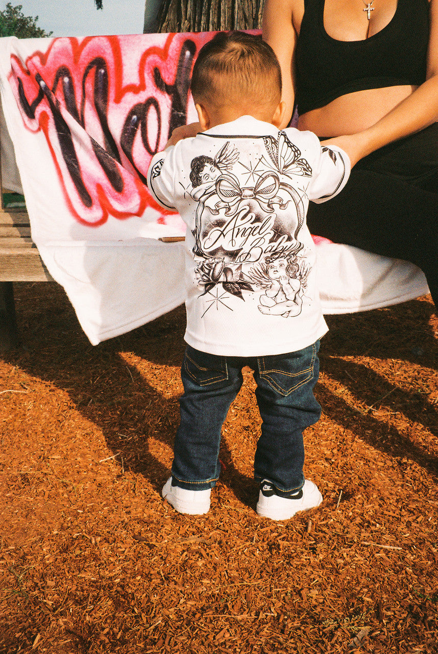KIDS 'Angel Baby' Cherub Pen and Ink Cut & Sew Baseball KIDS Jersey (White/Black)