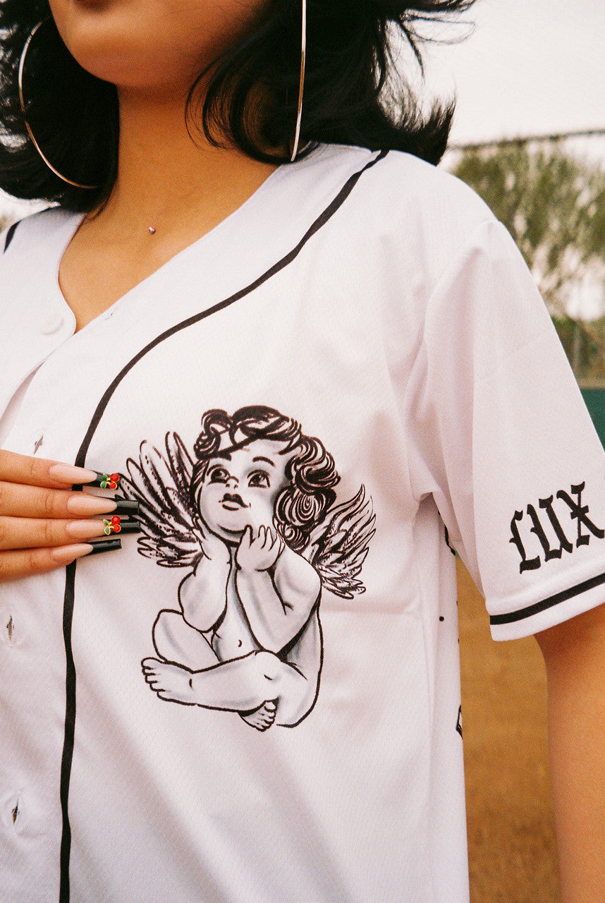 LR 'Angel Baby' Cherub Pen and Ink Cut & Sew Baseball Jersey (White/Black)