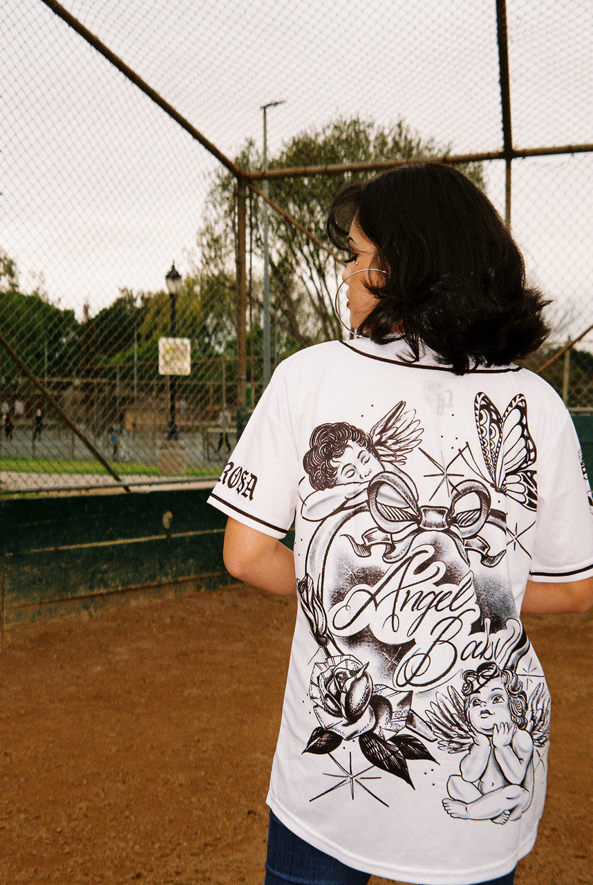 LR 'Angel Baby' Cherub Pen and Ink Cut & Sew Baseball Jersey (White/Black)