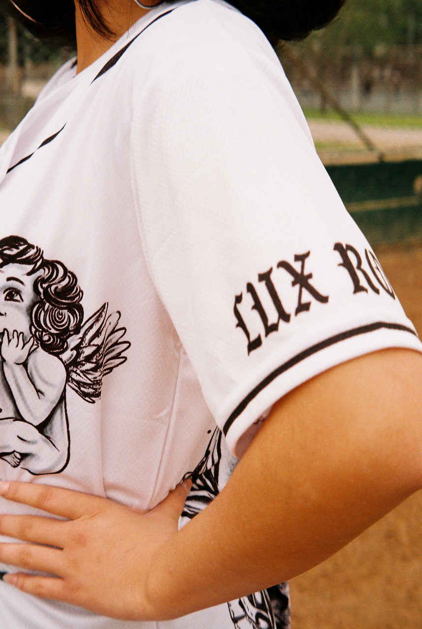 LR 'Angel Baby' Cherub Pen and Ink Cut & Sew Baseball Jersey (White/Black)