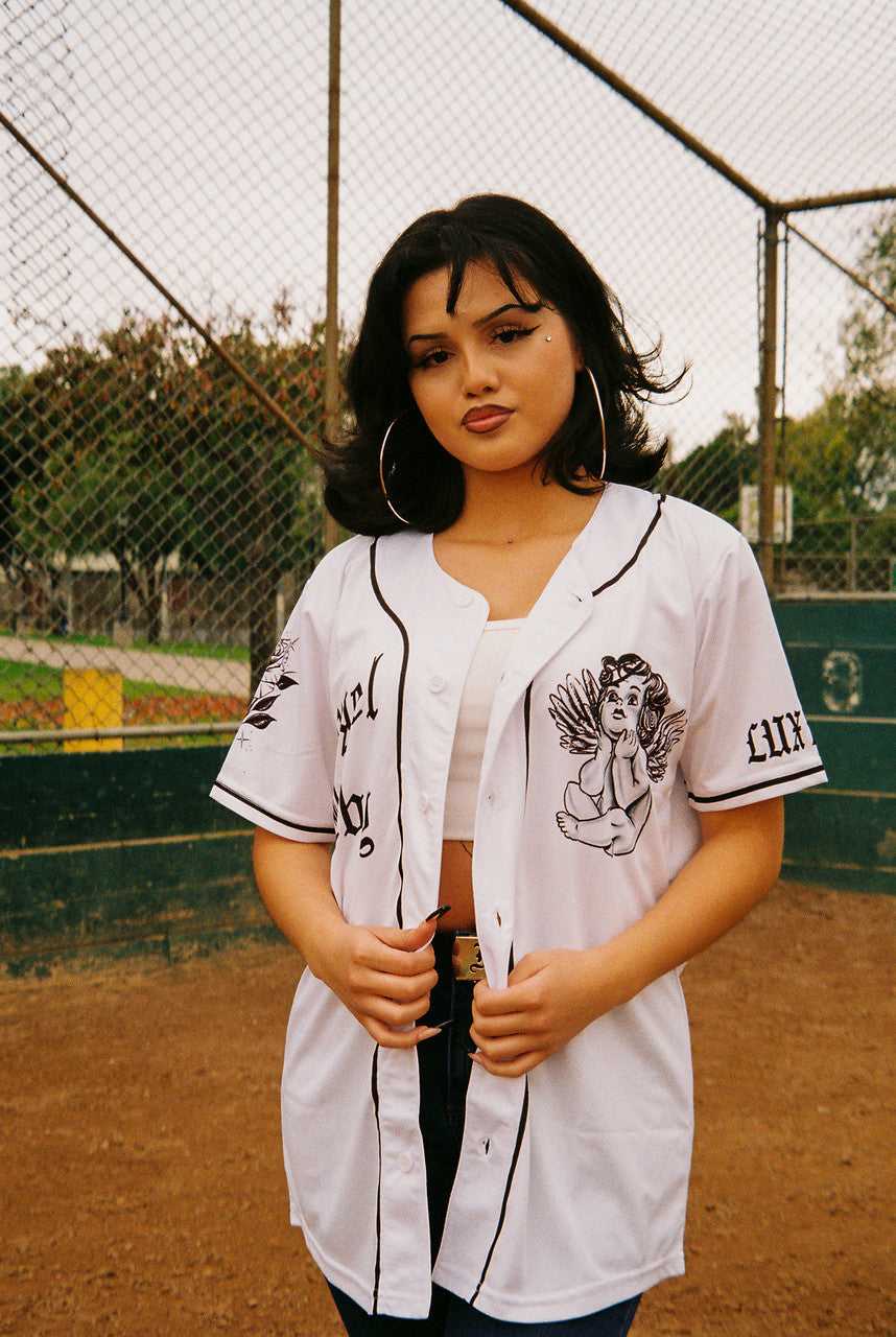 LR 'Angel Baby' Cherub Pen and Ink Cut & Sew Baseball Jersey (White/Black)
